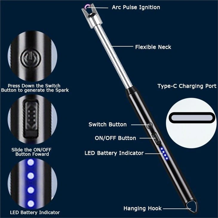 Upgraded Metal Flameless Electric Rechargeable Arc Candle Lighter With Type-C